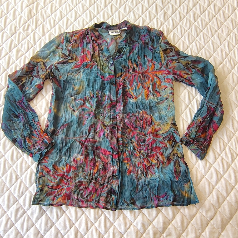 Chico's Multicolor Abstract Blouse 100% Silk Size 0